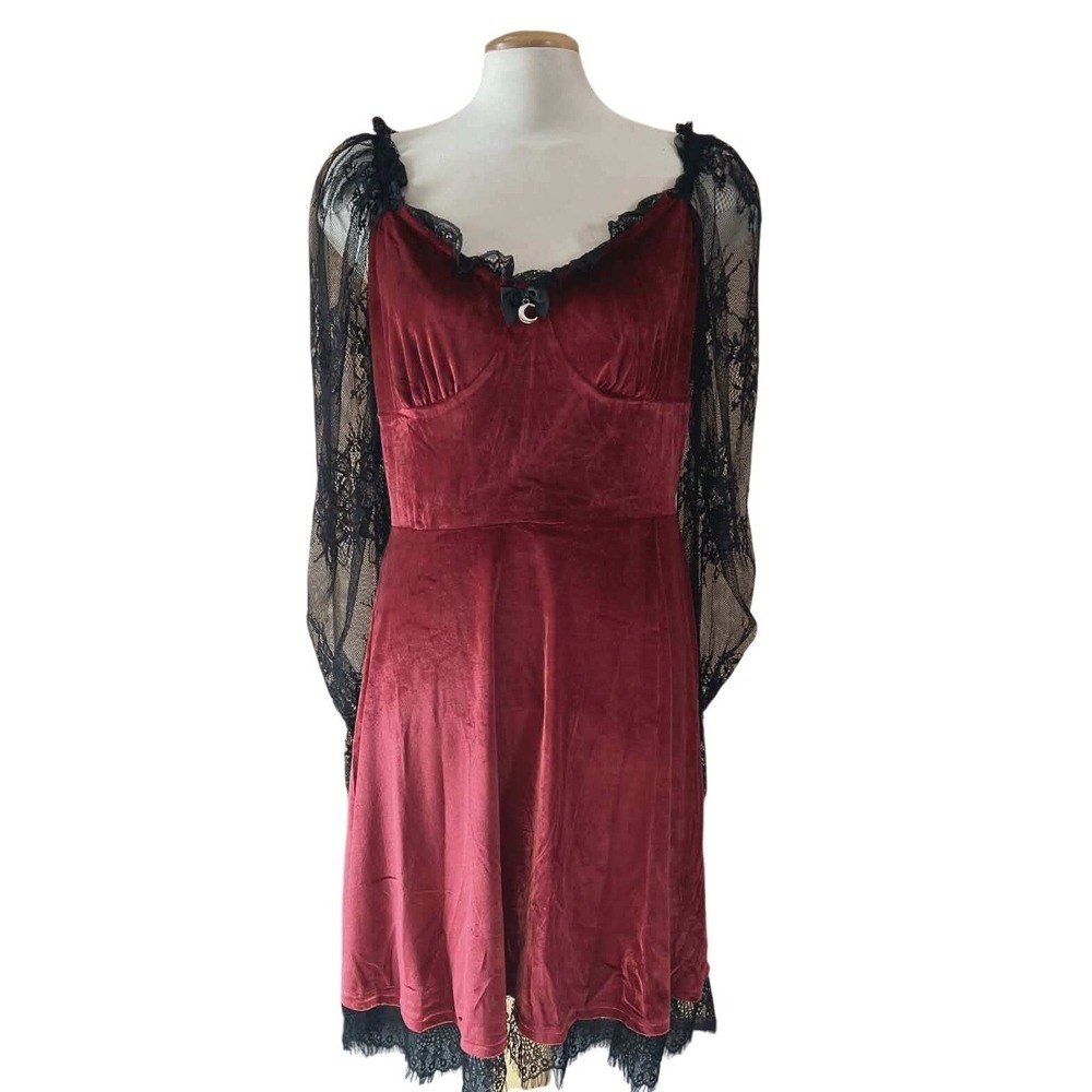 Burgundy Red Velvet Gothic Mini Dress Black‎ Lace Sheer Sleeves Moon Charm
